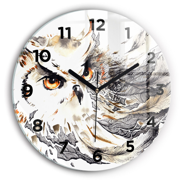 Round glass wall clock Owl symbol of wisdom