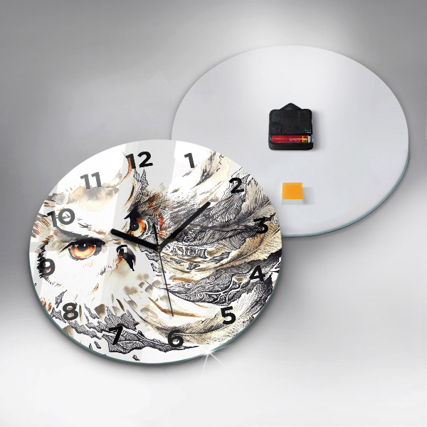 Round glass wall clock Owl symbol of wisdom