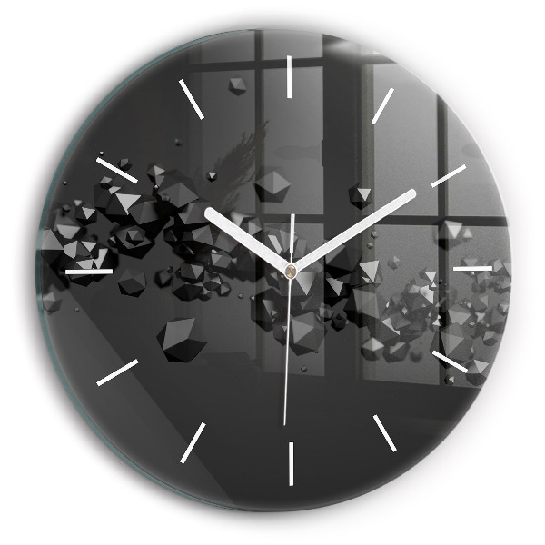 Round glass wall clock Black abstraction