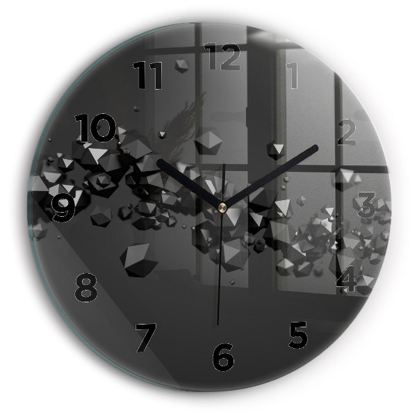 Round glass wall clock Black abstraction