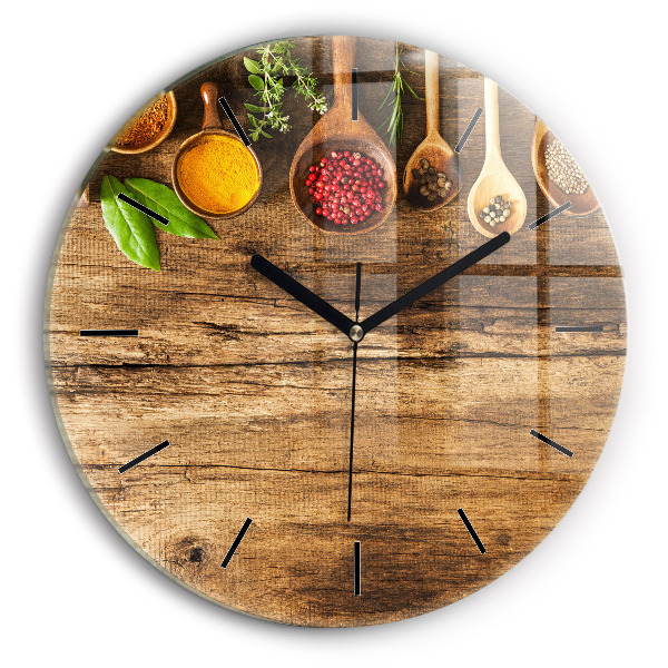 Round glass wall clock Spoons of spices