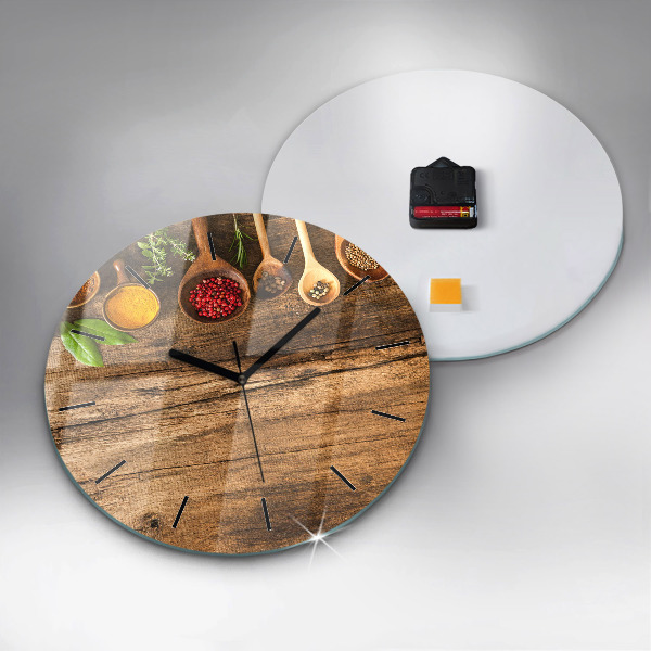 Round glass wall clock Spoons of spices