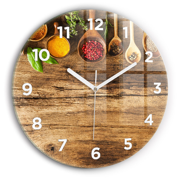 Round glass wall clock Spoons of spices