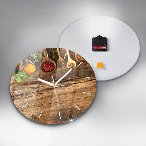 Round glass wall clock Spoons of spices