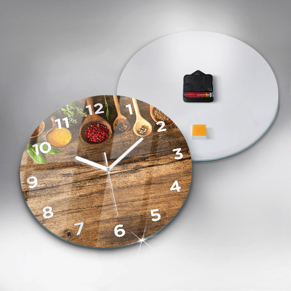 Round glass wall clock Spoons of spices