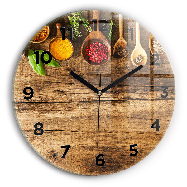 Round glass wall clock Spoons of spices