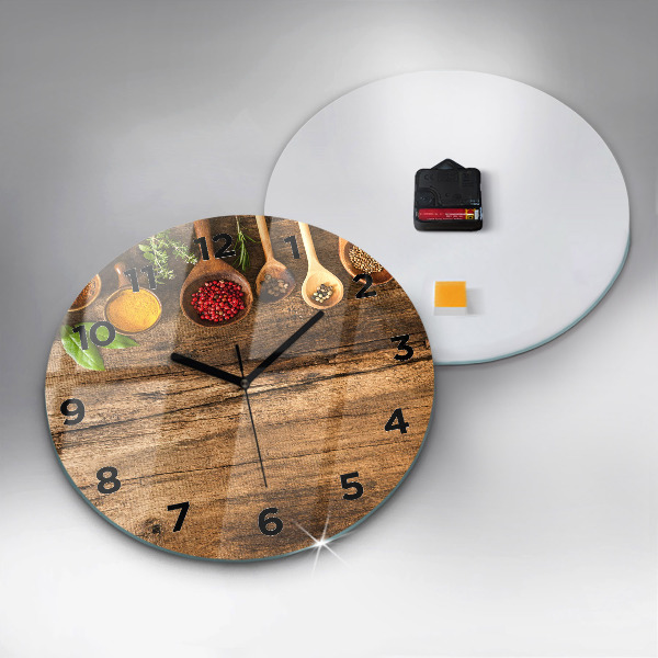 Round glass wall clock Spoons of spices