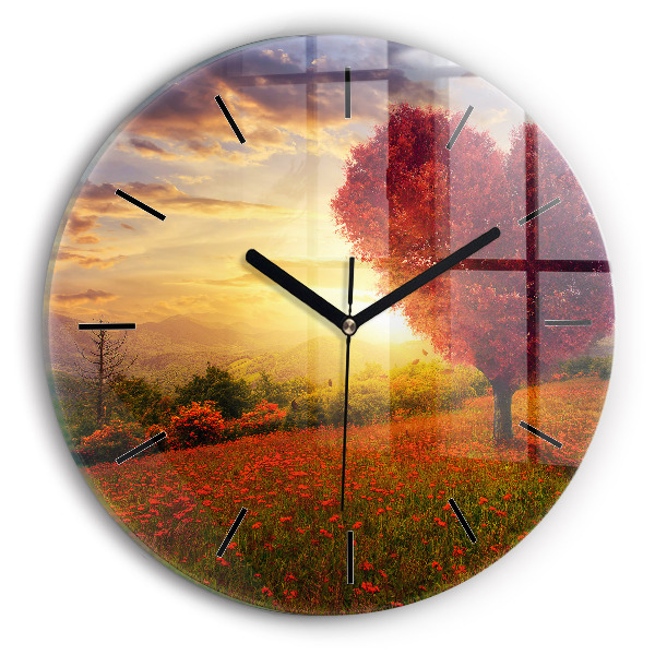 Round glass wall clock Love Heart Tree