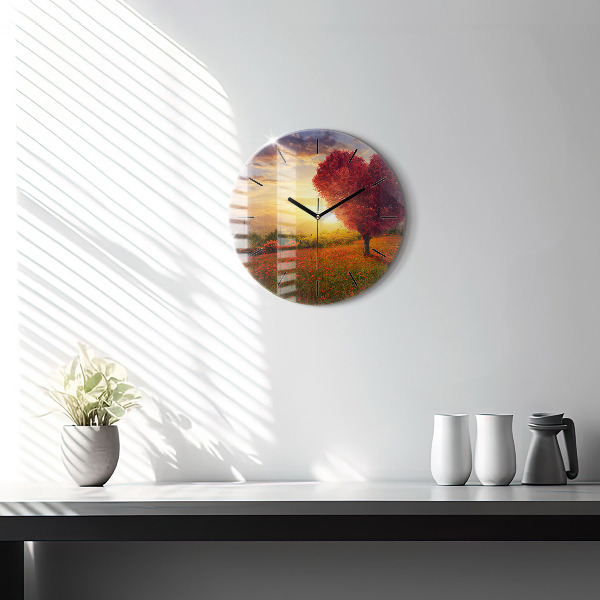 Round glass wall clock Love Heart Tree