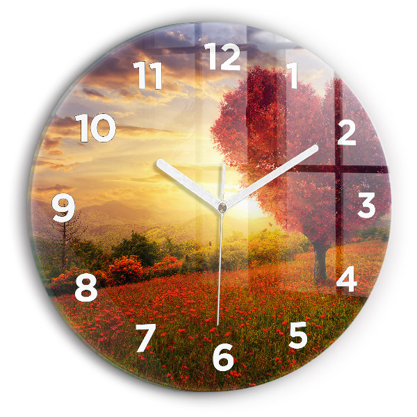 Round glass wall clock Love Heart Tree