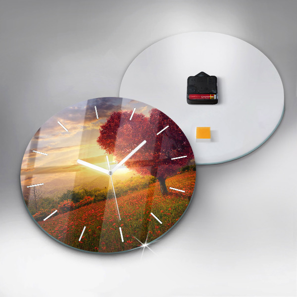 Round glass wall clock Love Heart Tree