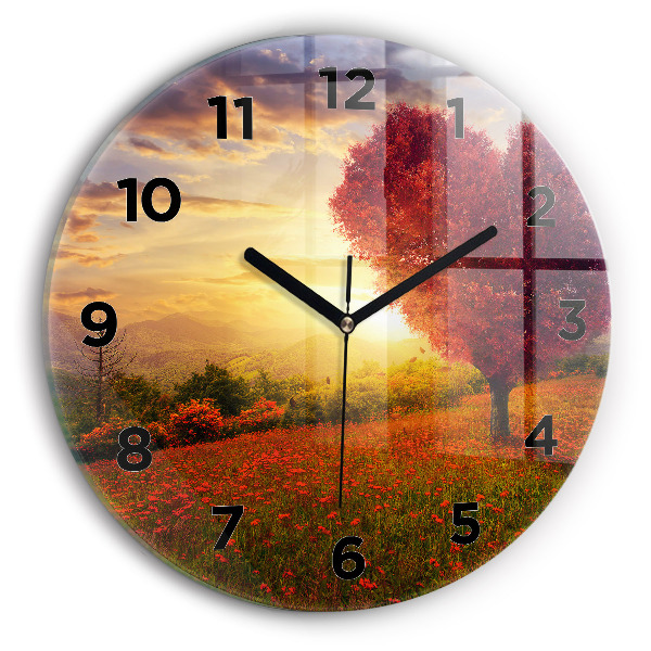 Round glass wall clock Love Heart Tree