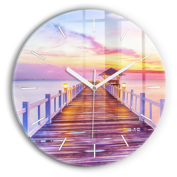 Round glass wall clock The bridge in the port in the evening