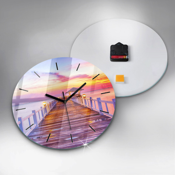 Round glass wall clock The bridge in the port in the evening