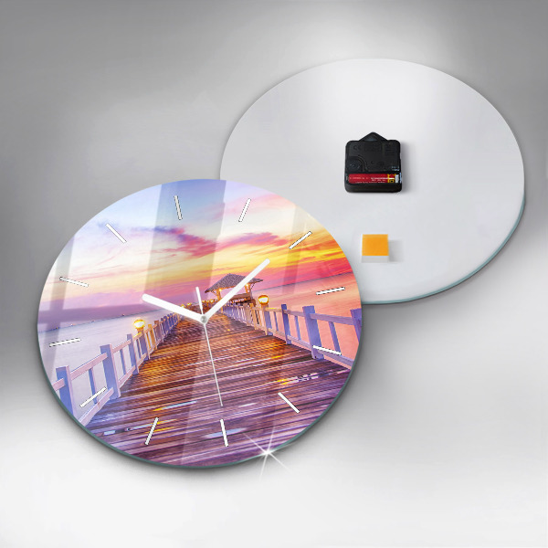 Round glass wall clock The bridge in the port in the evening