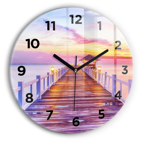 Round glass wall clock The bridge in the port in the evening