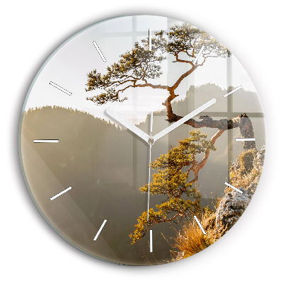 Round glass wall clock A tree in the mountains