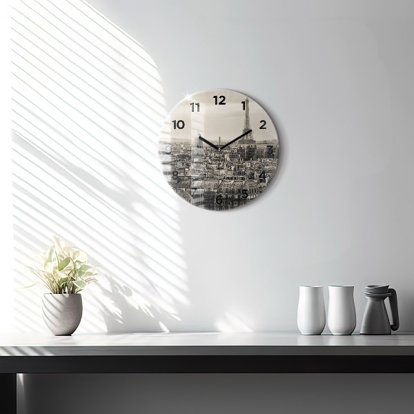 Round glass wall clock Panorama of Paris