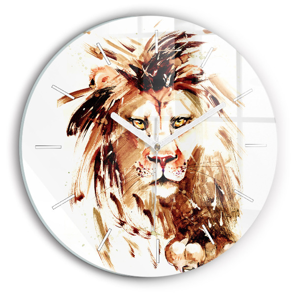 Round glass wall clock Illustration of a brown lion