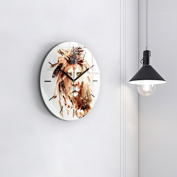 Round glass wall clock Illustration of a brown lion