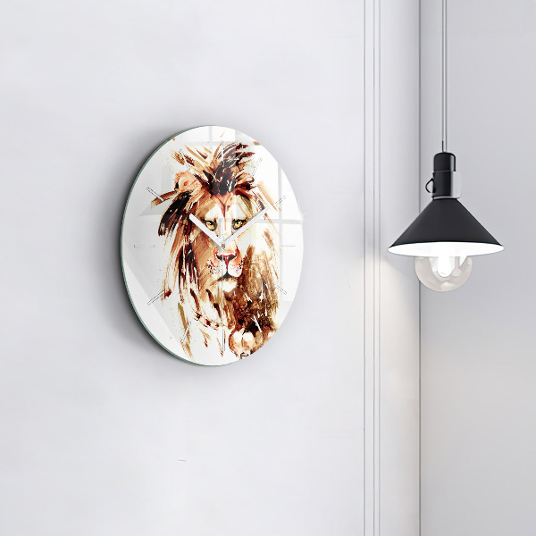 Round glass wall clock Illustration of a brown lion