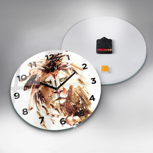 Round glass wall clock Illustration of a brown lion
