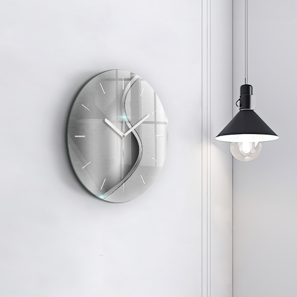 Round glass wall clock Gray metal abstraction