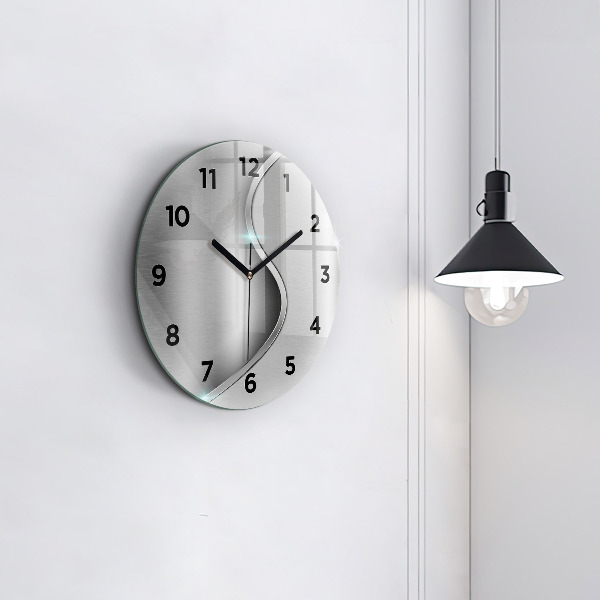 Round glass wall clock Gray metal abstraction