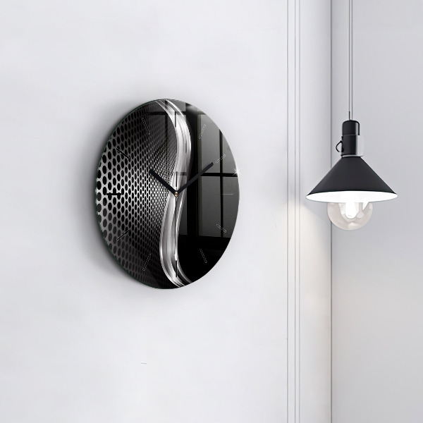 Round glass wall clock Black metal abstraction