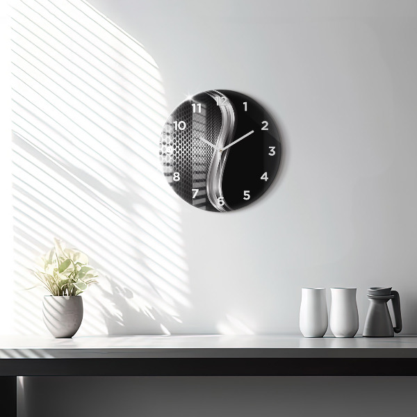 Round glass wall clock Black metal abstraction