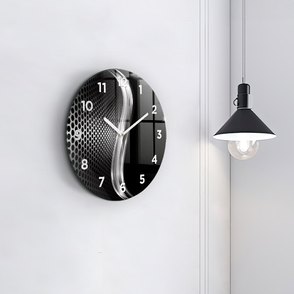 Round glass wall clock Black metal abstraction