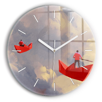 Round glass wall clock Paper ships