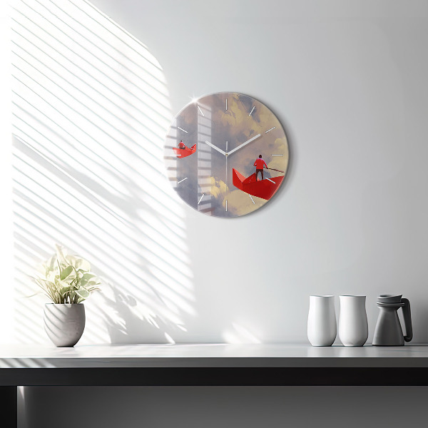 Round glass wall clock Paper ships