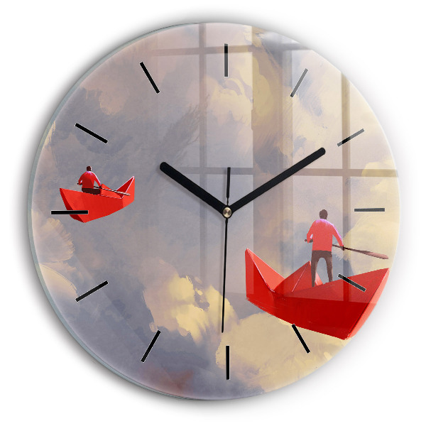 Round glass wall clock Paper ships