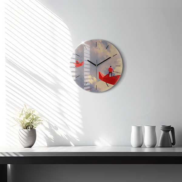 Round glass wall clock Paper ships