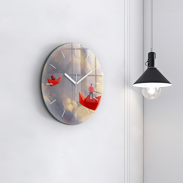 Round glass wall clock Paper ships