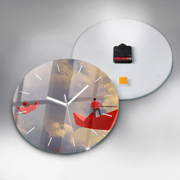 Round glass wall clock Paper ships