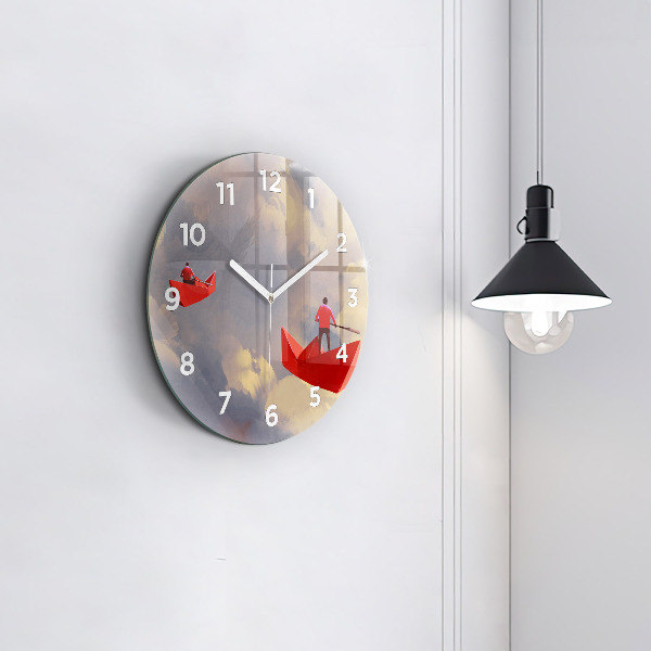 Round glass wall clock Paper ships