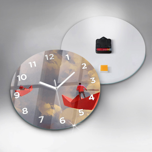 Round glass wall clock Paper ships