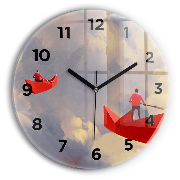 Round glass wall clock Paper ships