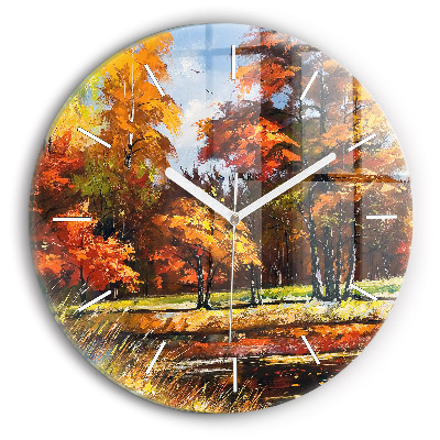Round glass wall clock Autumn landscape with a river