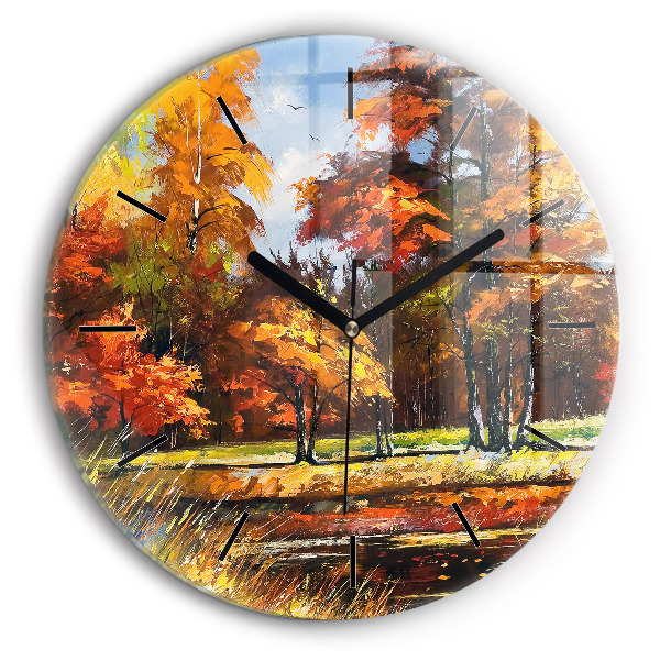 Round glass wall clock Autumn landscape with a river