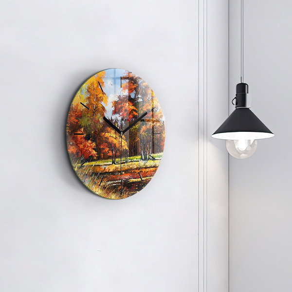 Round glass wall clock Autumn landscape with a river
