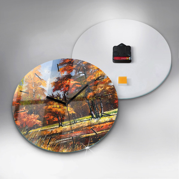 Round glass wall clock Autumn landscape with a river