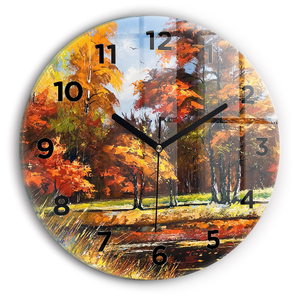 Round glass wall clock Autumn landscape with a river