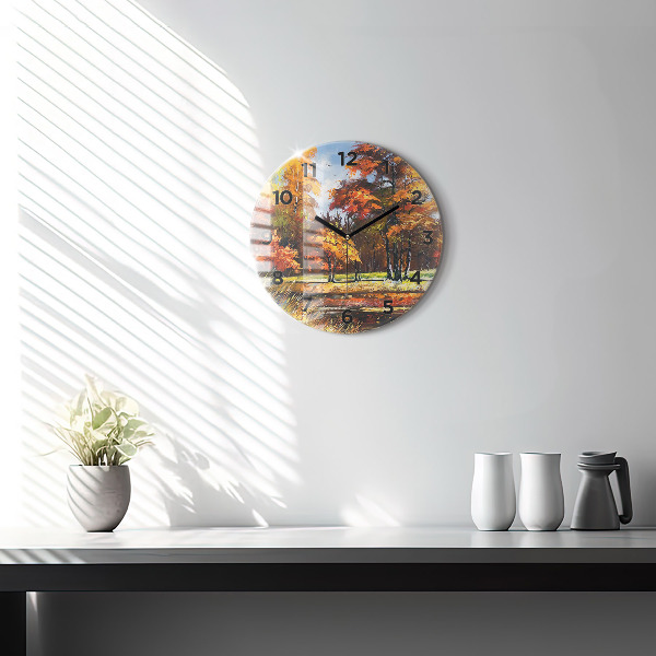 Round glass wall clock Autumn landscape with a river