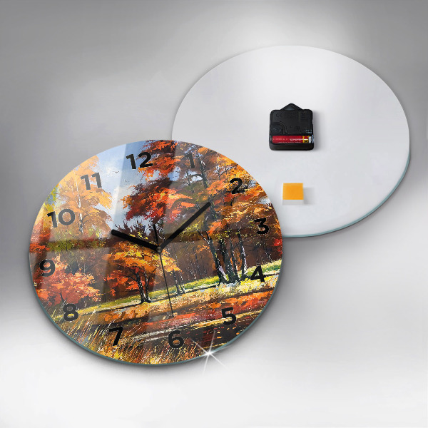 Round glass wall clock Autumn landscape with a river