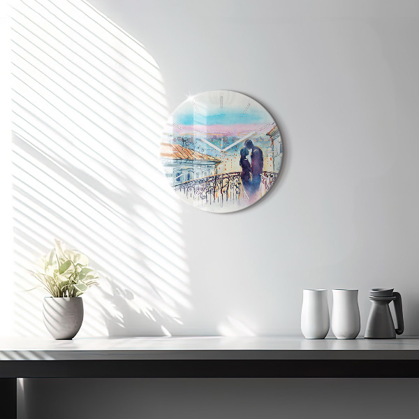 Round glass wall clock People in watercolor