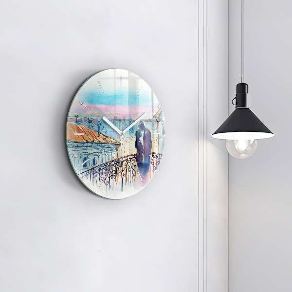 Round glass wall clock People in watercolor