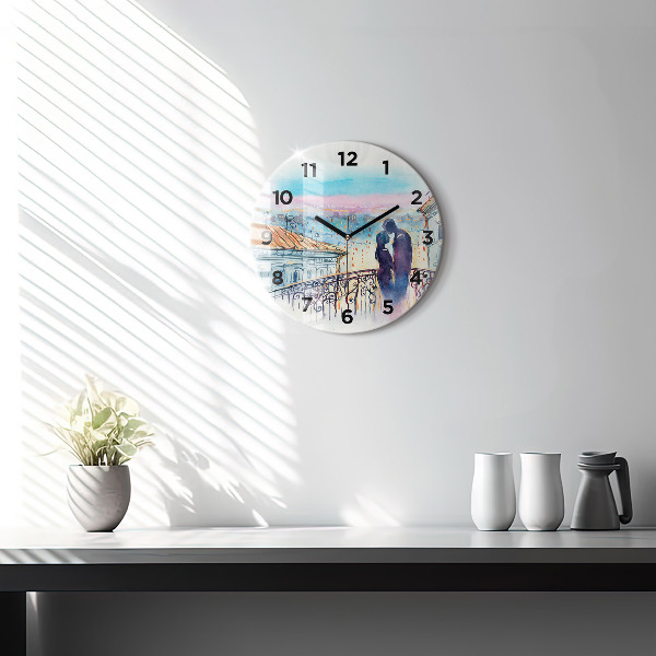 Round glass wall clock People in watercolor